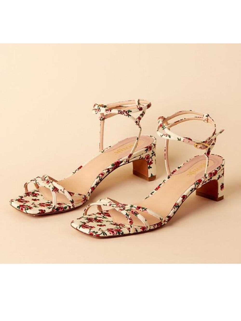 ROUJE Cream White Pink Red Rose Floral Printed Strappy Ankle Strap Yolaine Heels